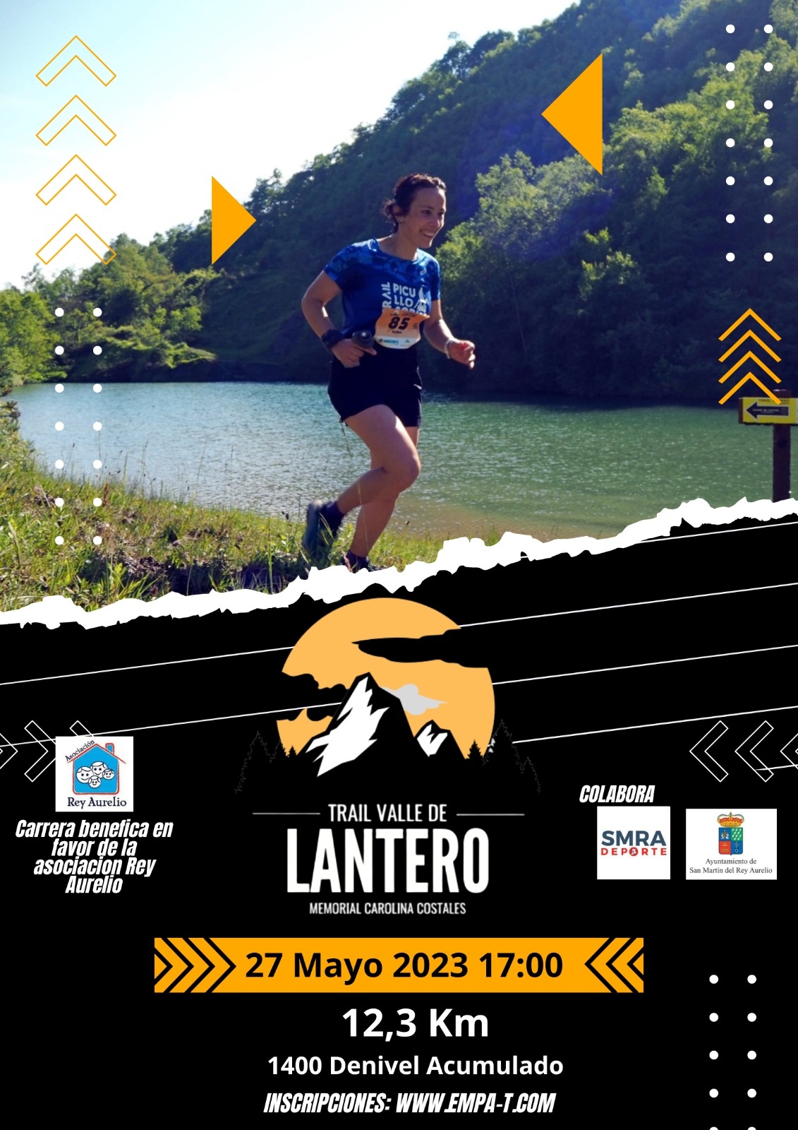 Cartel del Trail Valle de Lantero, Memorial Carolina Costales (27 de mayo de 2023, 17:00, 12,3 km): una corredora con el dorsal 85 junto a la laguna y, debajo, el logo de la carrera, un sol naranja con montañas