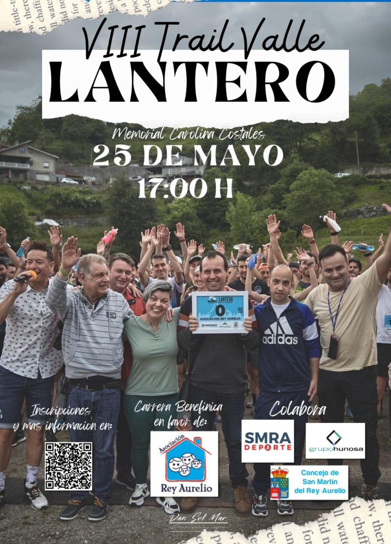 Cartel del VIII Trail Valle de Lantero, Memorial Carolina Costales (25 de mayo, 17:00 h): un grupo de gente con los brazos en alto y, en el centro, un hombre que sostiene el dorsal 0 de la Asociación Rey Aurelio