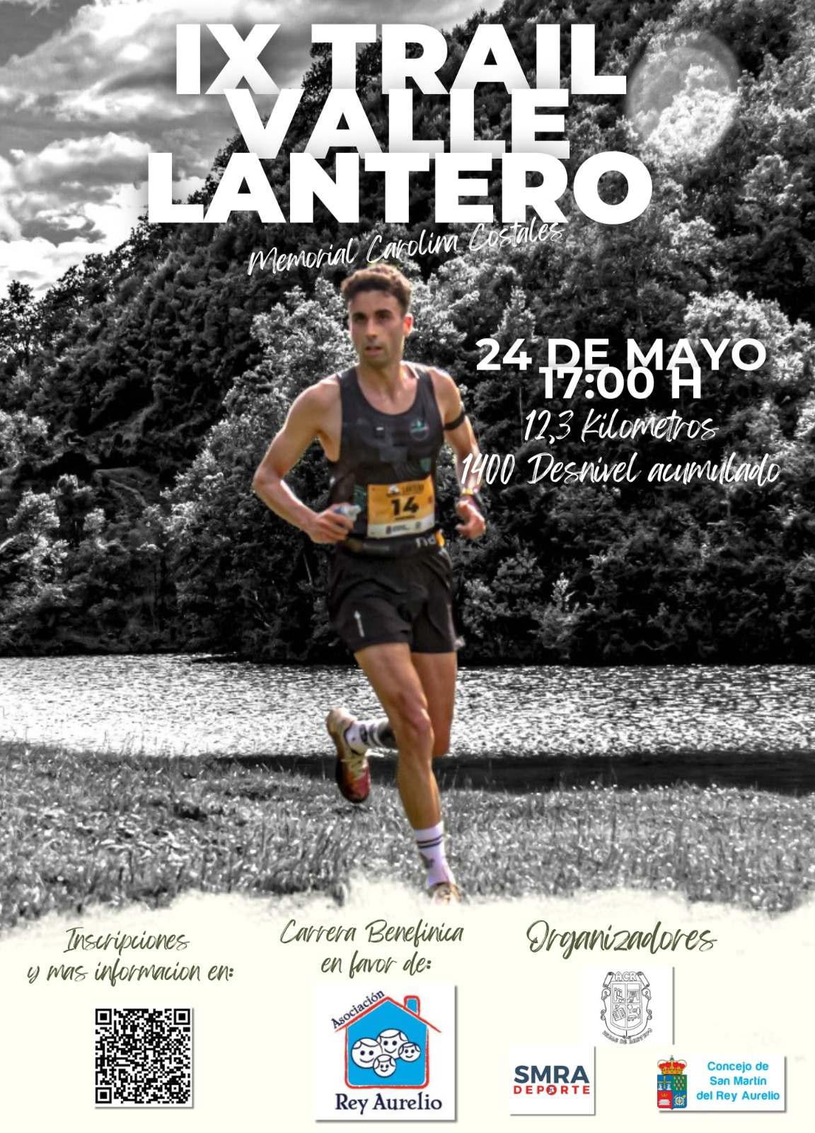 Cartel del IX Trail Valle de Lantero, Memorial Carolina Costales (24 de mayo, 17:00 h, 12,3 km): un corredor con el dorsal 14 corre junto a la laguna, en blanco y negro