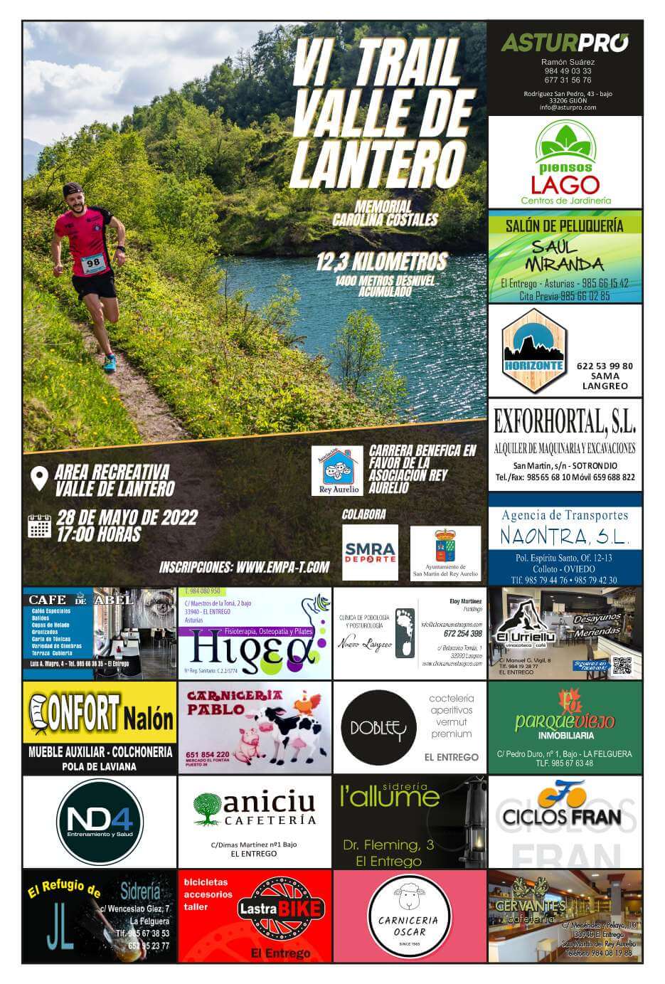 Cartel del VI Trail Valle de Lantero, Memorial Carolina Costales (28 de mayo de 2022, 17:00 h, 12,3 km): un corredor con el dorsal 98 por un sendero junto a la laguna, rodeado de los anuncios de los patrocinadores